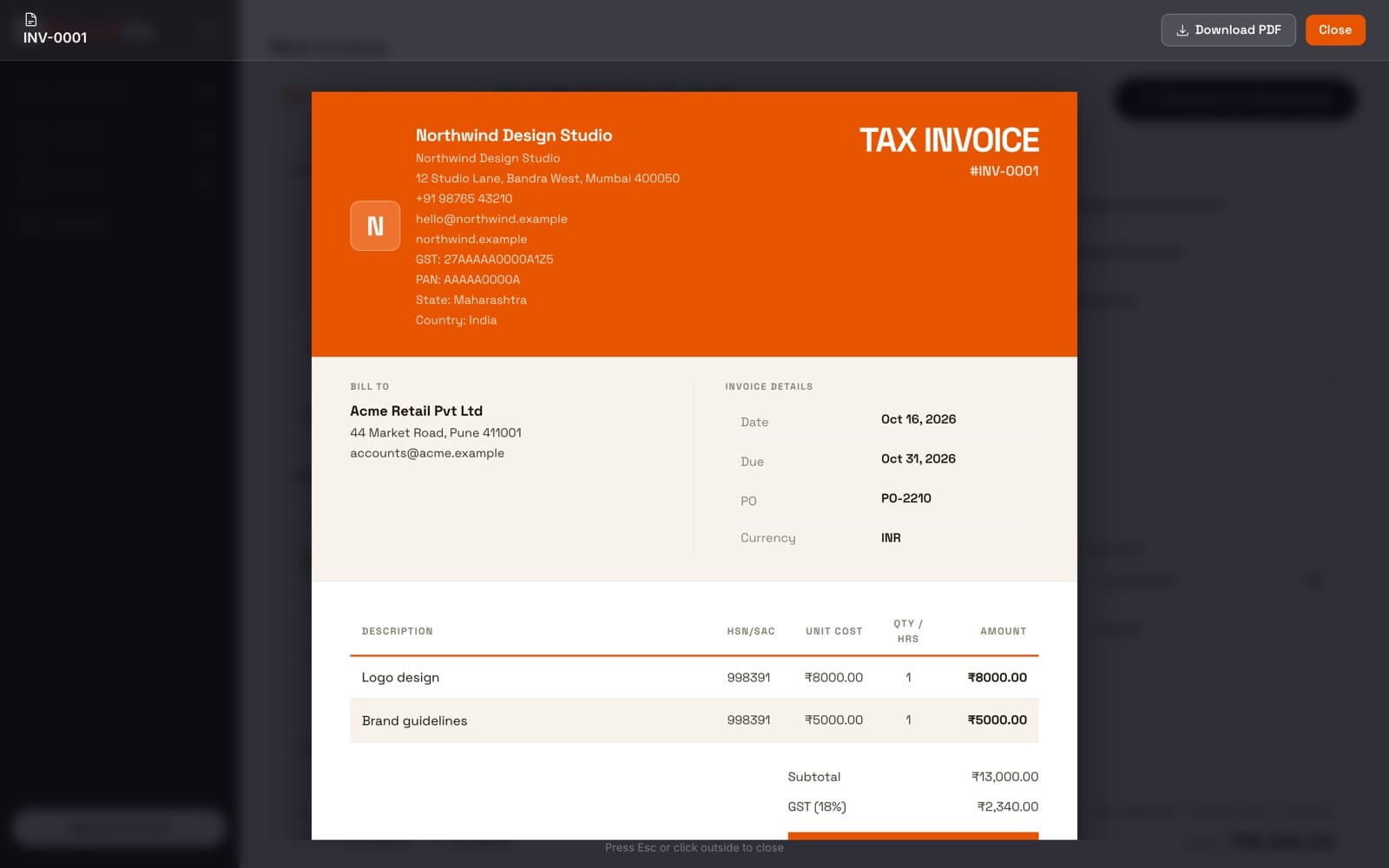 Mandizo tax invoice preview with GST totals