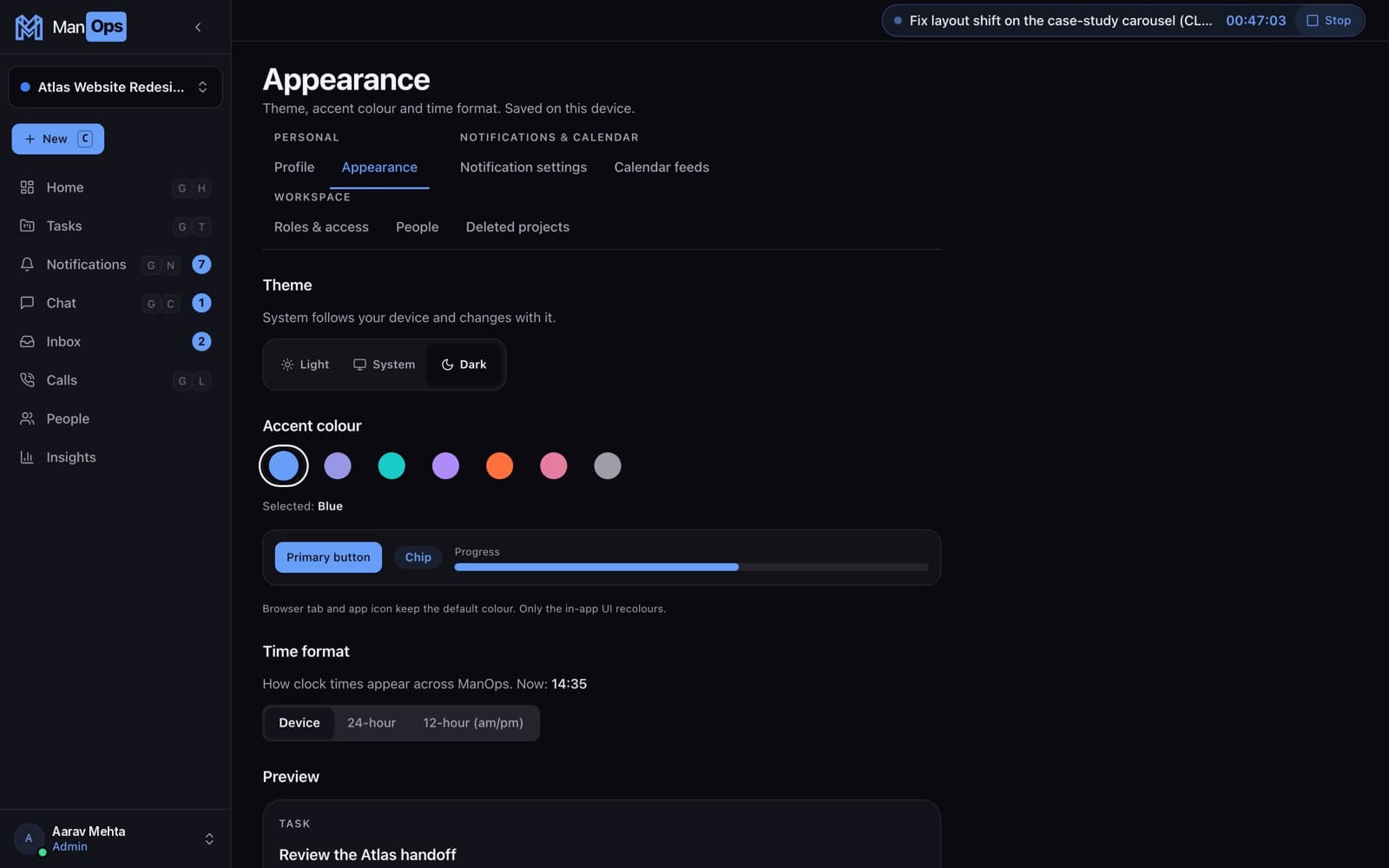 ManOps appearance settings