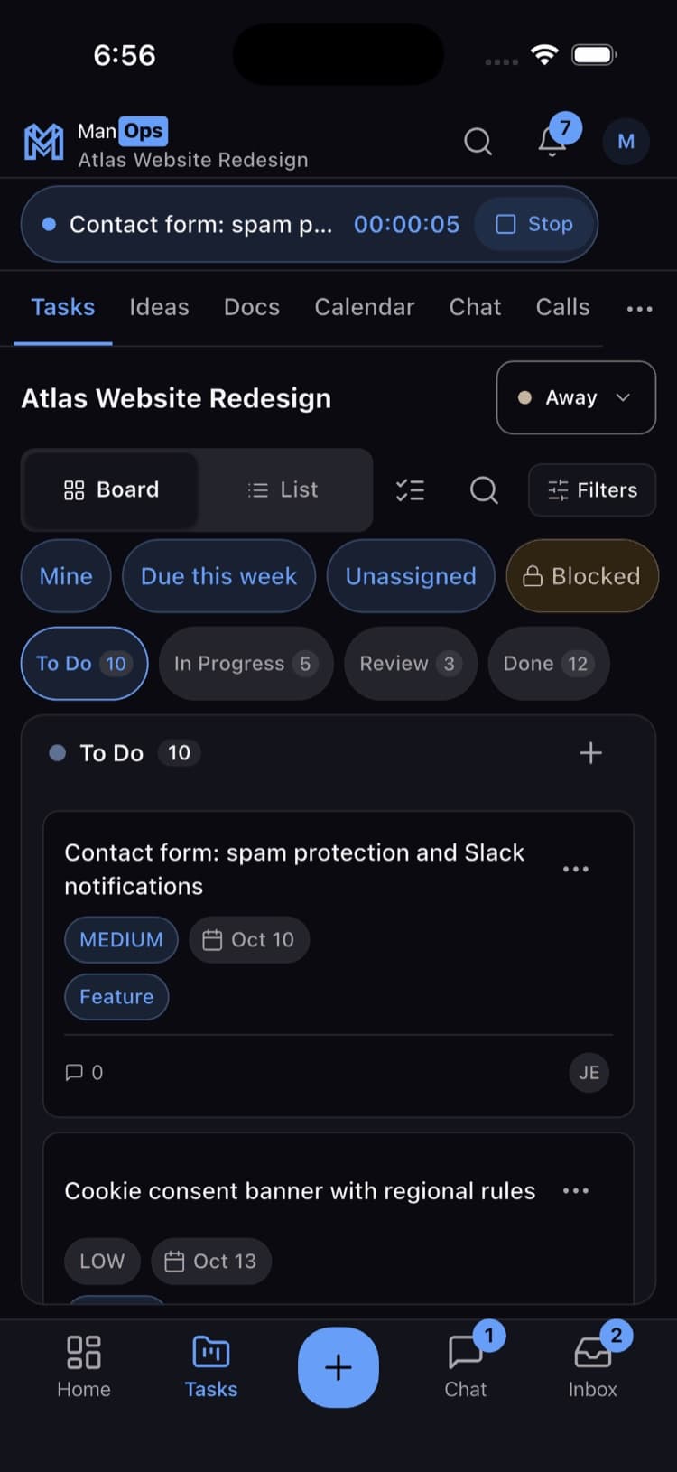 ManOps iOS tasks screen