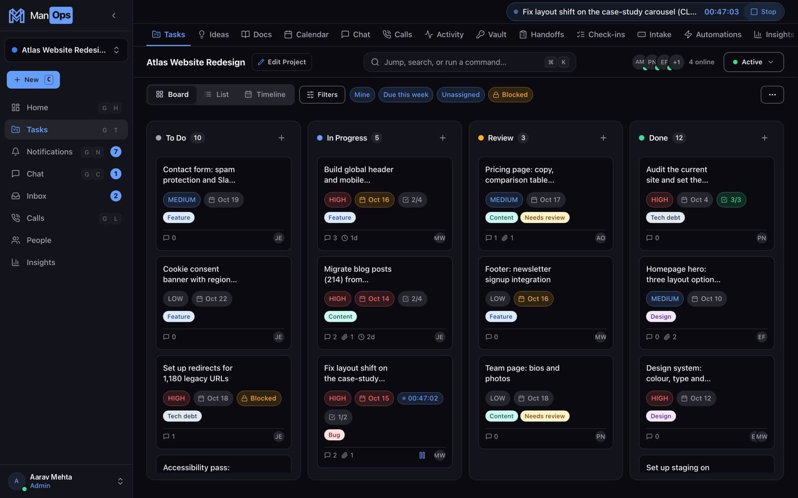 ManOps task board in dark theme